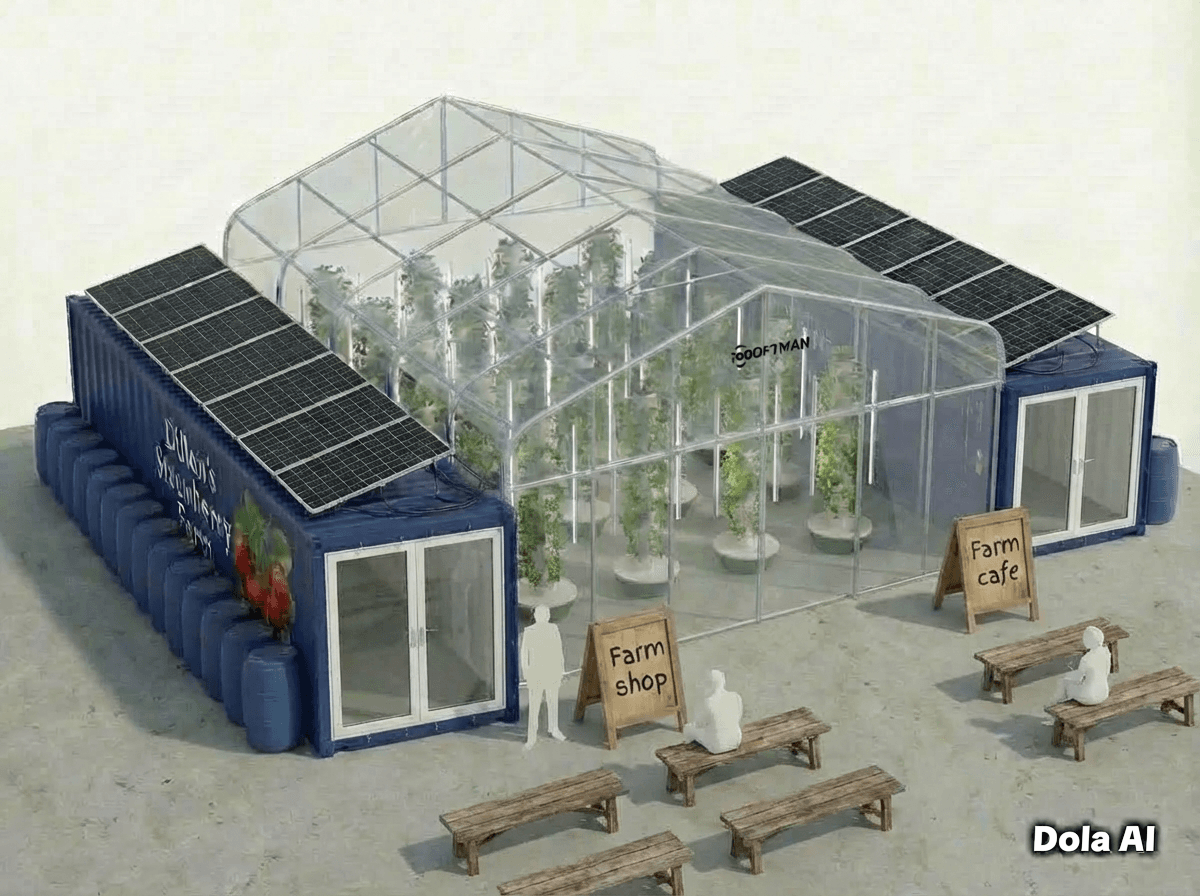 Sustainable farm model with a central greenhouse, solar-powered shipping containers, and outdoor cafe seating.