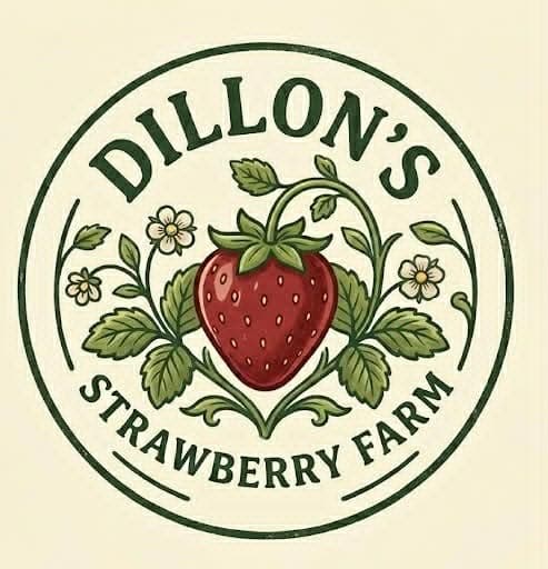 Circular logo for Dillon's Strawberry Farm with a red strawberry, green leaves, and white flowers.